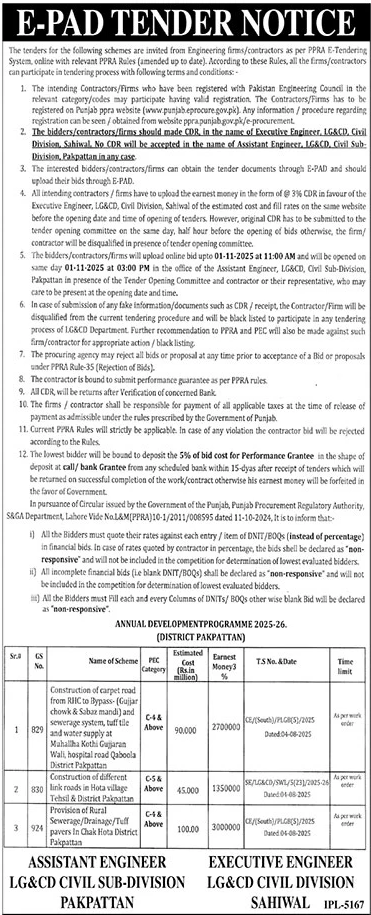 LG&CD Division Sahiwal Tender Notice